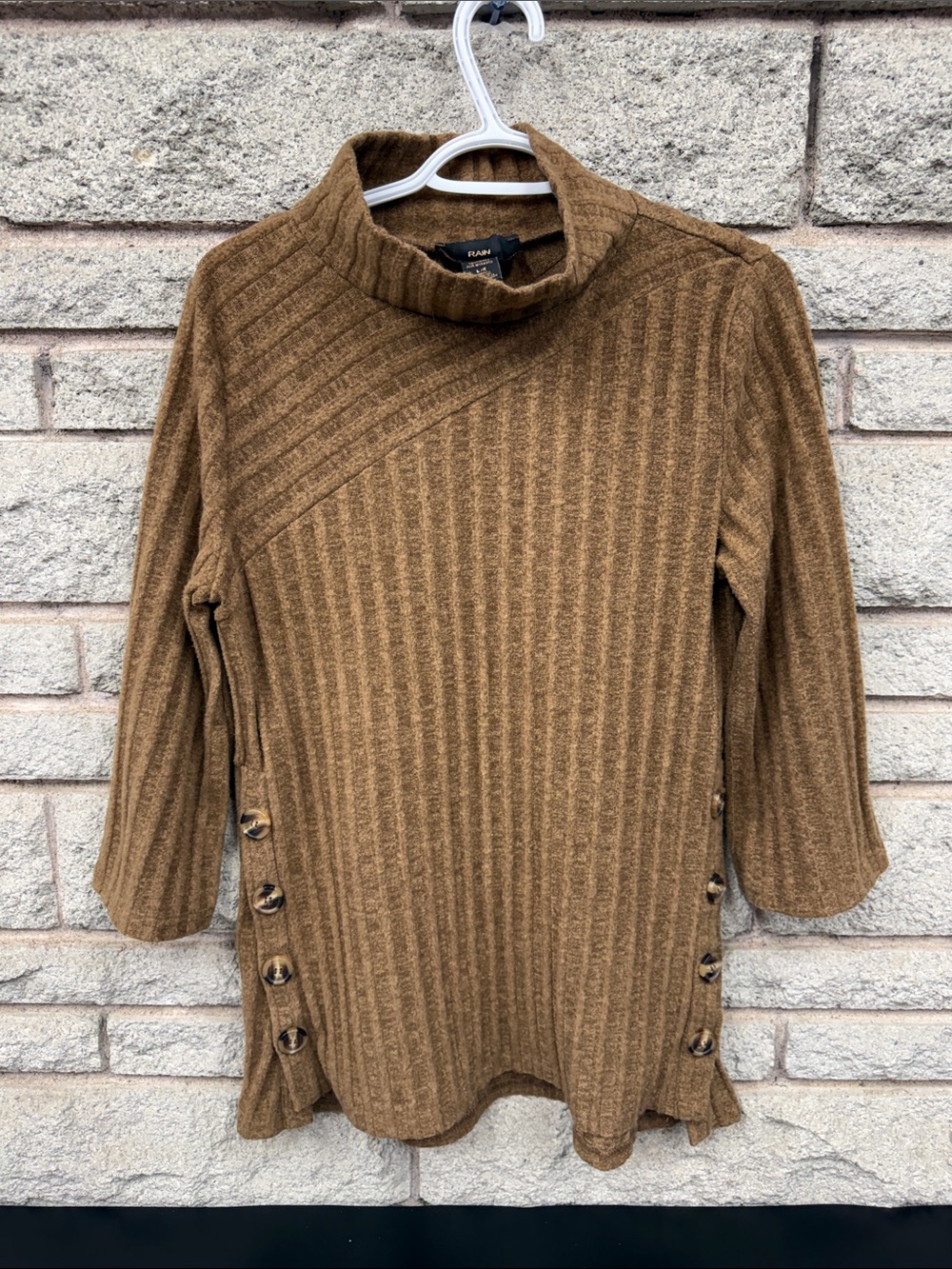 Brown Ribbed Funnel-Neck Sweater with Side Buttons
